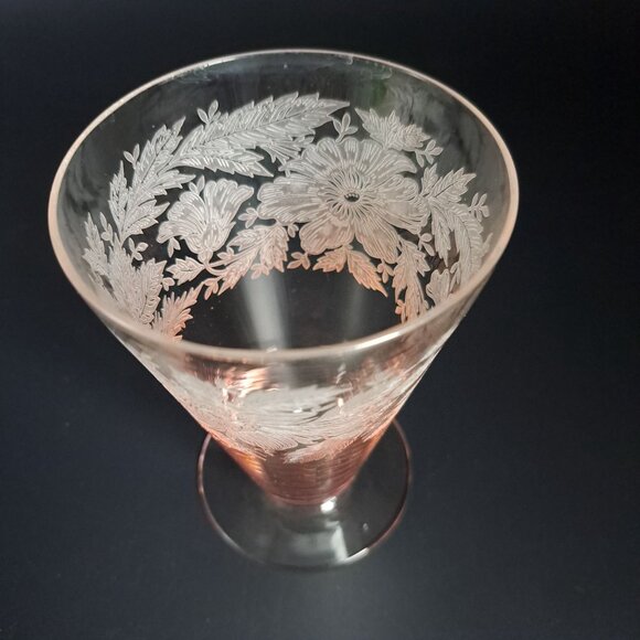 Tiffin Franciscan Sylvan Pink Etched Glass Footed Tumbler - Picture 7 of 16